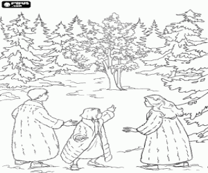 Coloriage Les fr�res et s�urs Pevensie, Peter, Susan et Lucy, dans la for�t magique de Narnia
