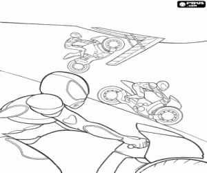 Coloriage Les motocyclistes en sautant d'un h�licopt�re dans la poursuite de volt