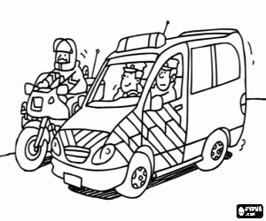 Coloriage Les patrouilles de police dans diff�rents v�hicules, voiture de police et de moto de police