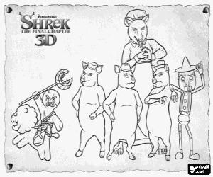 Coloriage Les personnages des Contes de F�es aident Shrek et les ogres dans le film Shrek 4