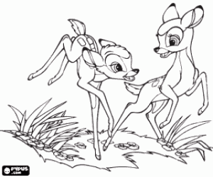 Coloriage Les petits faons Bambi et Faline sautant joyeusement dans les bois