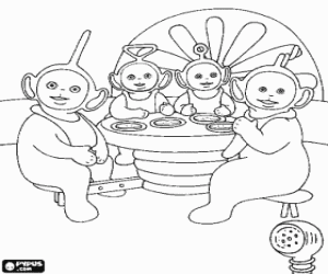 Coloriage Les quatre T�l�tubbies avec des bavoirs pos� � la table au temps du repas