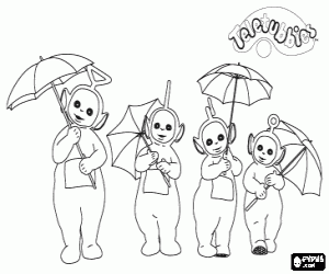 Coloriage Les quatre Teletubbies avec leurs parapluies ouverts