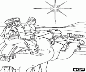 Coloriage Les Rois Mages arrivent avec leurs chameaux � Bethl�em, apr�s avoir suivi l'�toile de No�l