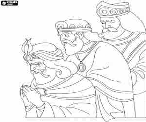 Coloriage Les Rois Mages, Gaspard, Melchior et Balthazar, adorant � l'Enfant Jesus