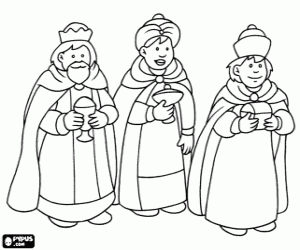 Coloriage Les Rois Mages Gaspard, Melchior et Balthazar avec leurs cadeaux