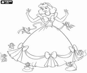 Coloriage Les souris et les oiseaux aidant Cendrillon avec sa belle robe pour la f�te