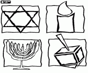 Coloriage Les symboles du Juda�sme - Etoile de David, la bougie allum�e, le hanoukkia et sevivon ou dreydel