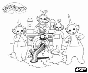 Coloriage Les T�l�tubbies avec Noo-noo faisant le nettoyage de la maison
