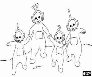 Coloriage Les T�l�tubbies en marchant ensemble accroch�s des mains: Laa-Laa, Tinky Winky, Po et Dipsy