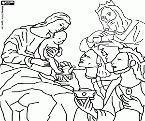 Coloriage Les Trois Rois d'Orient offrint leurs dons, de l'or, l'encens et la myrrhe, l'Enfant J�sus dans les bras de sa m�re Maria