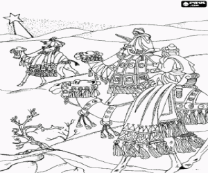 Coloriage Les Trois Rois d'Orient sur leurs chameaux sur le chemin guid� par l'�toile de Bethl�em
