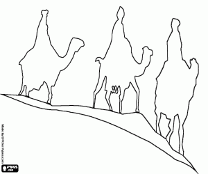 Coloriage Les trois Rois Mages � dos de chameaux sur le chemin de Bethl�em