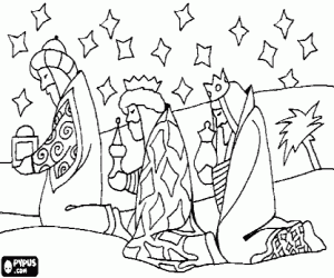 Coloriage Les trois Rois Mages offrir leurs dons, de l'or, l'encens et la myrrhe, � l'Enfant J�sus