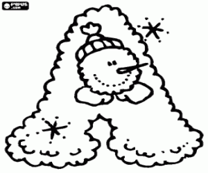 Coloriage Lettre A avec un bonhomme de neige avec chapeau