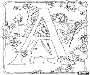 Coloriage Lettre A avec une f�e avec son baguette magique et un papillon et entour� de fleurs