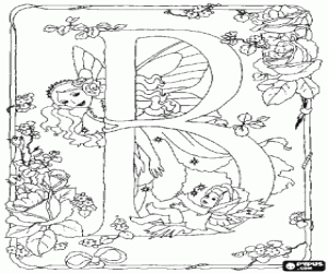 Coloriage Lettre B avec une f�e et une b�b� f�e et entour� de fleurs