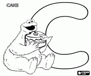 Coloriage Lettre C avec Macaron, le montre d�voreur de g�teaux, en mangeant un g�teau