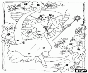 Coloriage Lettre C avec une f�e avec son baguette magique et entour� de fleurs