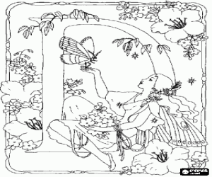 Coloriage Lettre D avec une f�e avec un papillon et entour� de fleurs