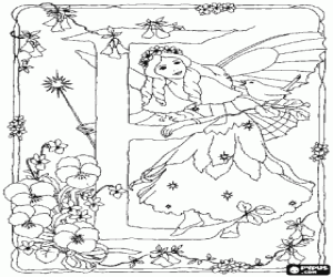 Coloriage Lettre E avec une f�e avec son baguette magique regardant un oiseau chanteur et entour� de fleurs