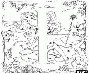 Coloriage Lettre F avec une f�e avec son baguette magique regardant un papillon et entour� de fleurs