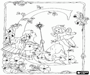 Coloriage Lettre G avec une f�e avec son baguette magique, une fille f�e et entour� de fleurs