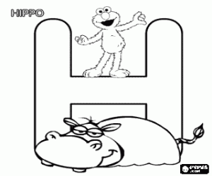 Coloriage Lettre H avec Elmo et un hippopotame