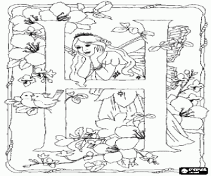 Coloriage Lettre H avec une f�e regardant deux oiseaus et entour� de fleurs