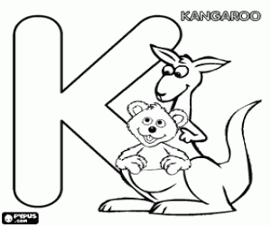 Coloriage Lettre K avec un kangourou et un b�b� ours