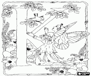 Coloriage Lettre K avec une f�e regardant un oiseau et entour� de fleurs