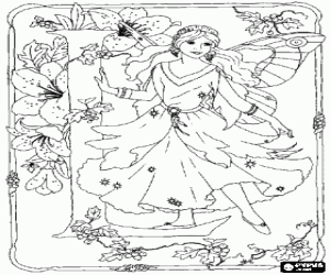 Coloriage Lettre L avec une f�e et entour� de fleurs