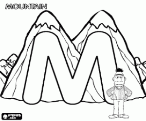 Coloriage Lettre M avec Bert en face de la montagne 