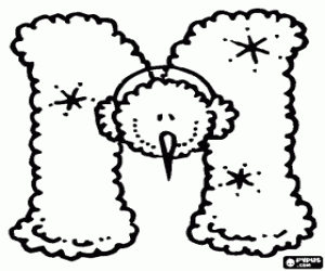 Coloriage Lettre M avec un bonhomme de neige avec chauffe-oreilles