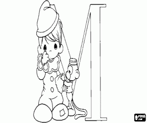 Coloriage Lettre M avec un enfant clown et un petit singe