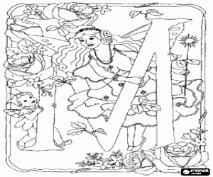 Coloriage Lettre M avec une f�e avec son baguette magique, une lutin et entour� de fleurs