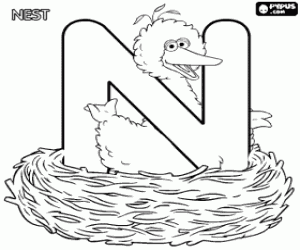Coloriage Lettre N avec Big Bird dans le nid