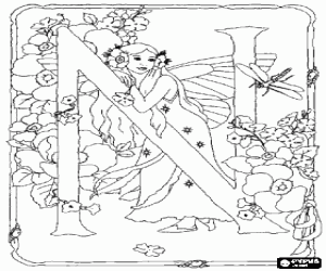 Coloriage Lettre N avec une f�e regardant une libellule et entour� de fleurs