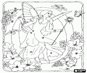 Coloriage Lettre O avec une f�e avec son baguette magique regardant un papillon et entour� de fleurs