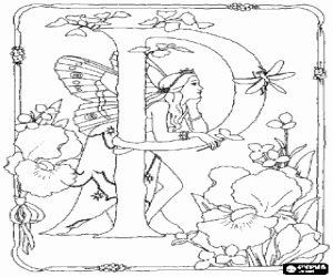 Coloriage Lettre P avec une f�e regardant une libellule et entour� de fleurs