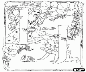 Coloriage Lettres I et J avec une f�e, une lutin, un escargot et entour� de fleurs