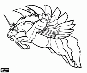 Coloriage Licorne ou unicorne battant avec de grandes ailes