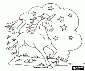 Coloriage Licorne ou unicorne - Jeune cheval avec une corne en spirale