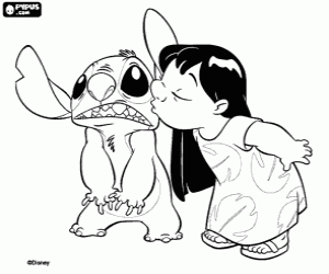 Coloriage Lilo, la jeune fille Hawaiian baisers Stitch, l'Exp�rience 626 du Dr Jumba