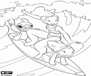 Coloriage Lilo, Stitch surfent sur les vagues � Hawa� avec Nani, la s�ur a�n�e de Lilo