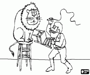Coloriage Lion assis sur un tabouret � c�t� de son fauteuil avec un fouet et d'un formateur dans ses mains