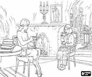 Coloriage Lucy Pevensie en prenant le th� � la maison de le faune M. Tumnus