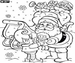 Coloriage Lutin aidant le P�re No�l pour offrir des pr�sents de No�l