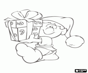 Coloriage Lutin de No�l en chargeant avec une caisse d'un cadeau
