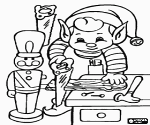 Coloriage Lutin de No�l en travaillant dans la fabrication de jouets en bois, coupant avec la scie le bras d'un soldat